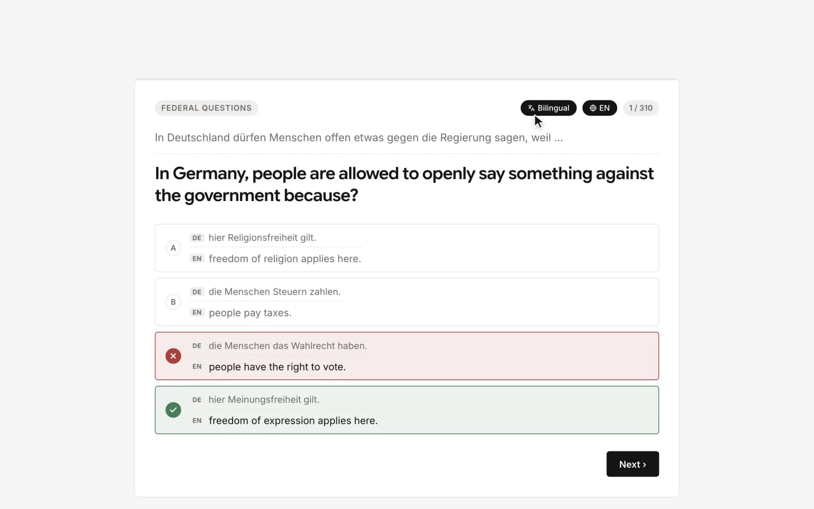 Bilingual mode, On · EN state