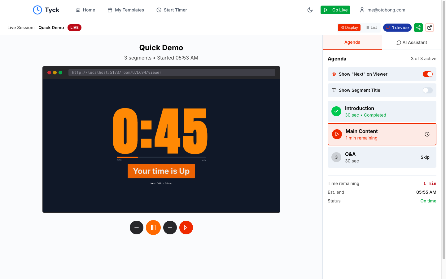 Tyck controller with live countdown and agenda